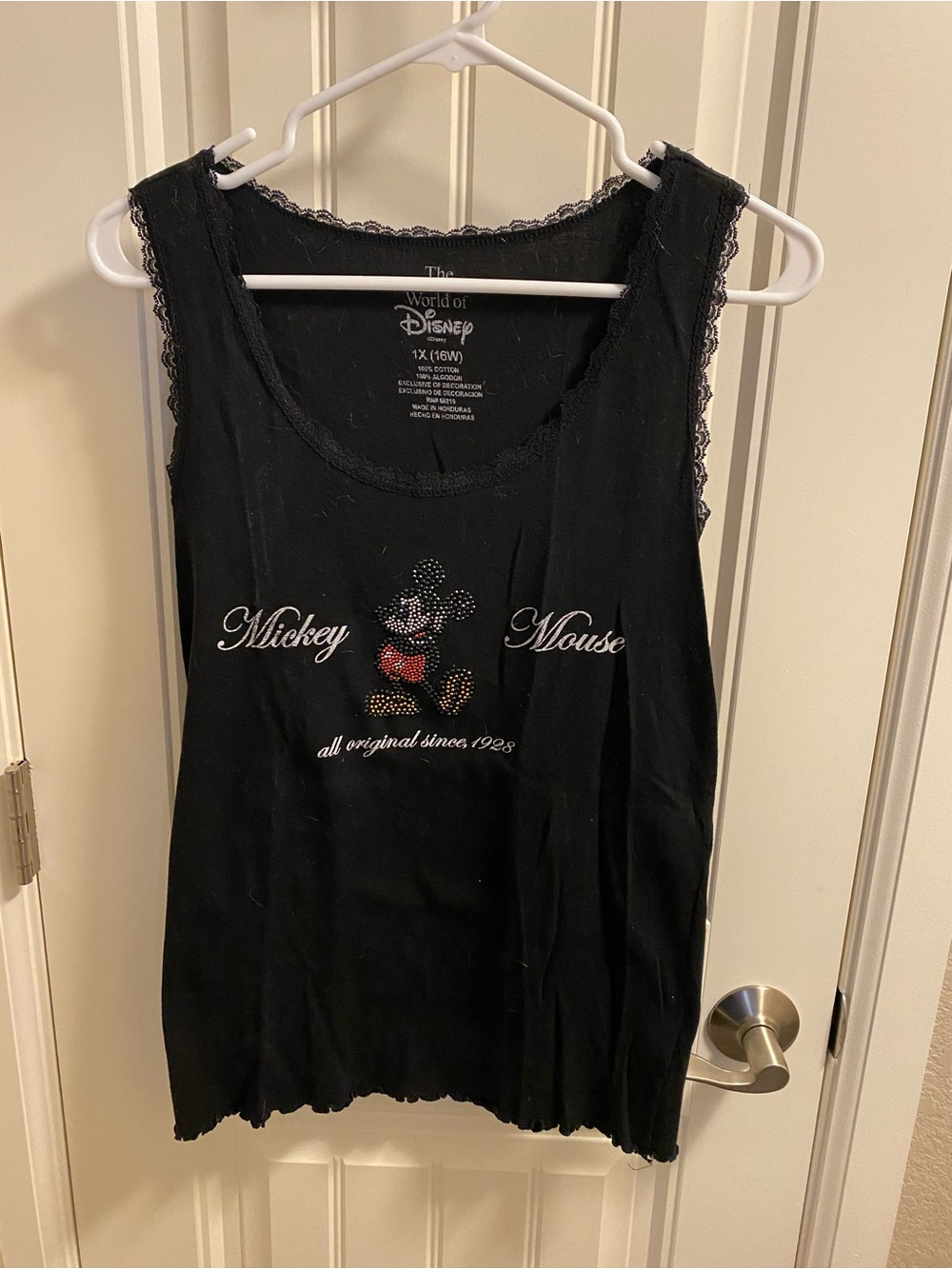 Vintage Wonderful World of Disney 1X Tank Top Black Lace Trim Mickey Mouse Bling